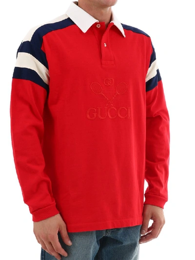 Shop Gucci Embroidered Tennis Logo Polo In Red