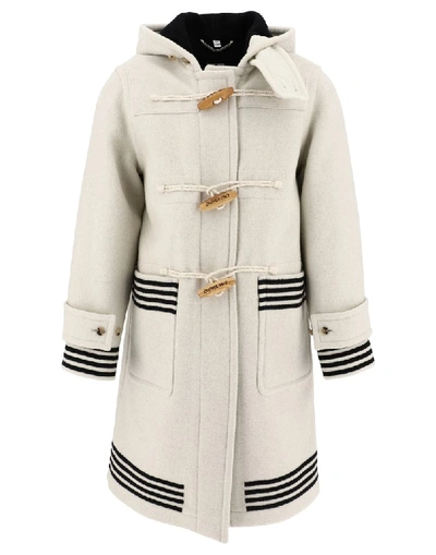 Shop Burberry Hooded Stripe Detail Duffle Coat In White