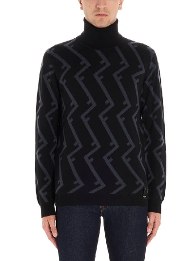 Shop Fendi Ff Logo Turtleneck Knitted Pullover In Black