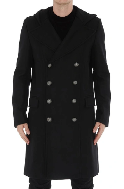 Shop Balmain Hooded Double Breasted Coat In Black