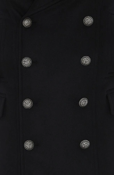Shop Balmain Hooded Double Breasted Coat In Black