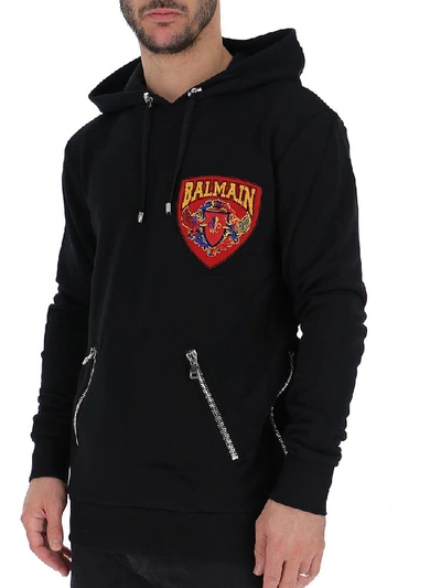 Shop Balmain Logo Patch Hoodie In Black