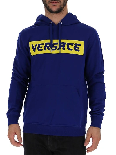 Shop Versace Logo Printed Hoodie In Blue