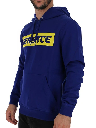 Shop Versace Logo Printed Hoodie In Blue