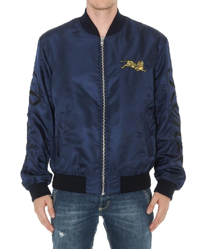 Shop Kenzo Jumping Tiger Embroidered Bomber Jacket In Blue