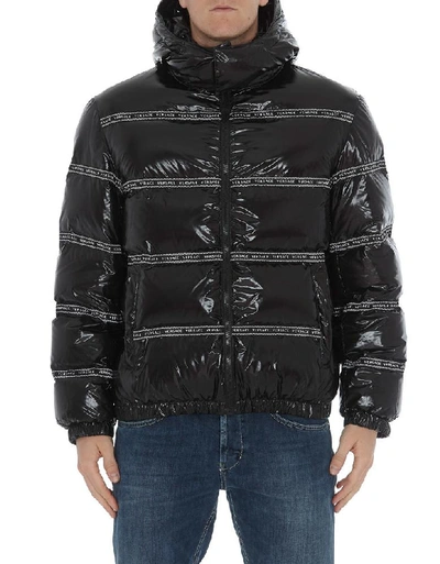 Shop Versace Logo Hooded Puffer Jacket In Black
