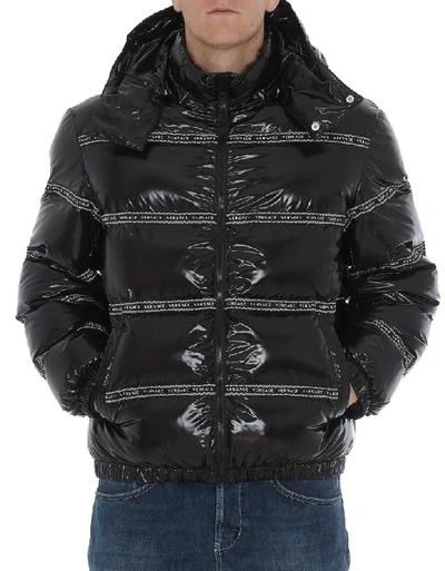 Shop Versace Logo Hooded Puffer Jacket In Black