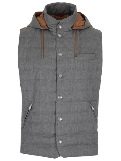 Shop Brunello Cucinelli Quilted Hooded Gilet In Grey