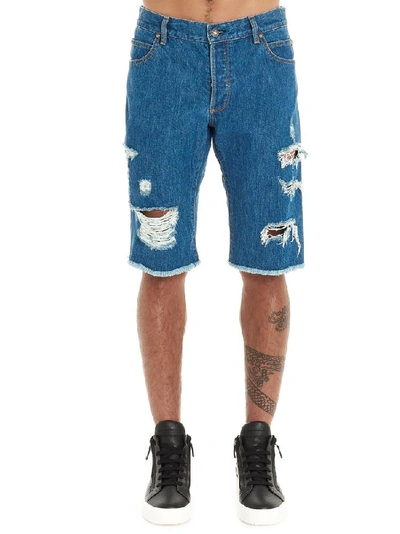Shop Balmain Distressed Bermuda Shorts In Blue