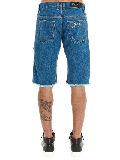 Shop Balmain Distressed Bermuda Shorts In Blue