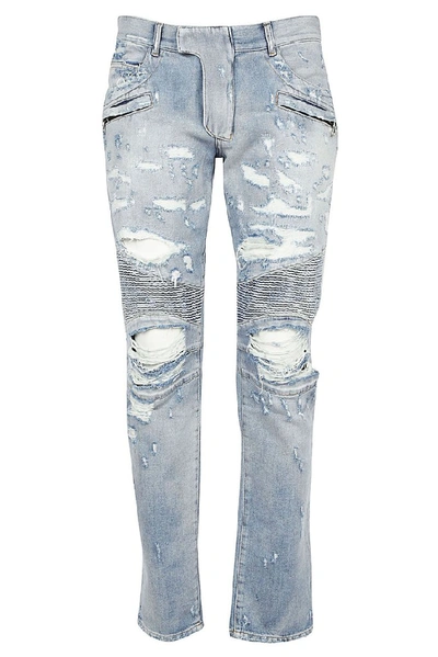 Shop Balmain Ripped Biker Jeans In Blue