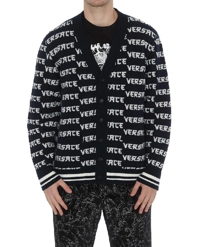 Shop Versace Logo Print V Neck Cardigan In Navy