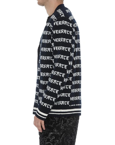 Shop Versace Logo Print V Neck Cardigan In Navy