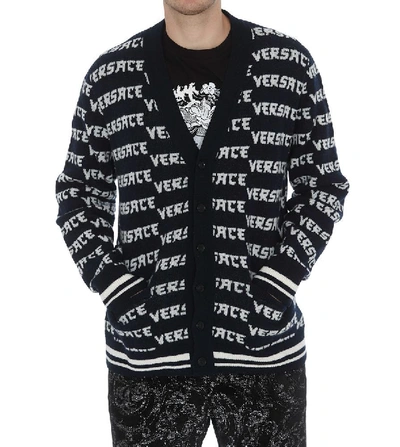 Shop Versace Logo Print V Neck Cardigan In Navy