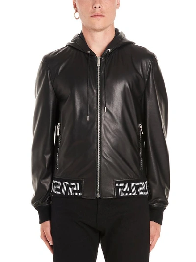Shop Versace Greca Trim Hooded Bomber Jacket In Black