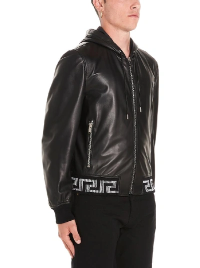 Shop Versace Greca Trim Hooded Bomber Jacket In Black