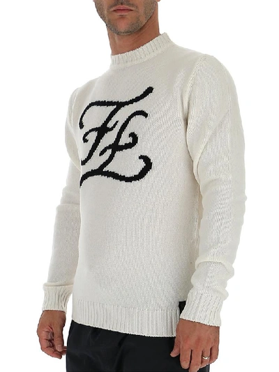 Shop Fendi Karligraphy Logo Knitted Sweater In White