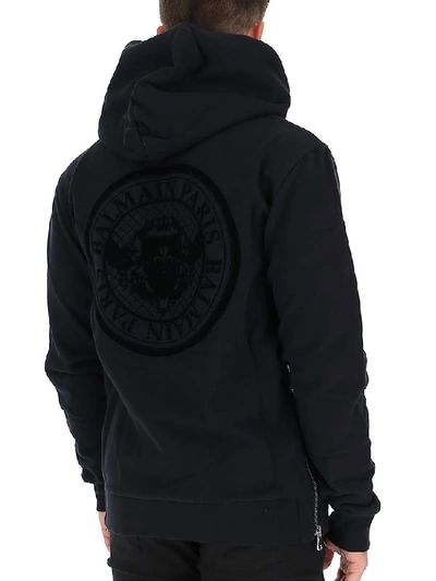 Shop Balmain Logo Motif Hooded Jacket In Black