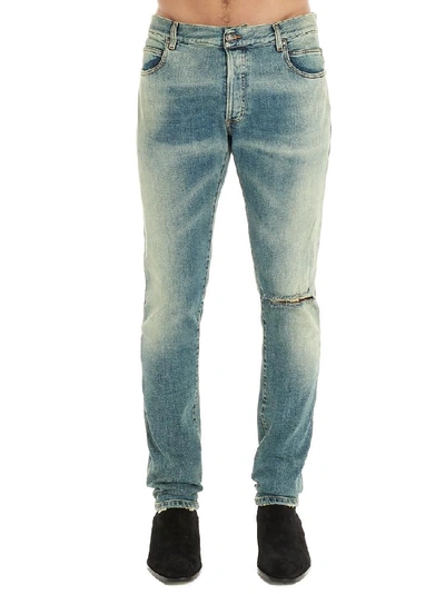 Shop Balmain Distressed Straight In Blue