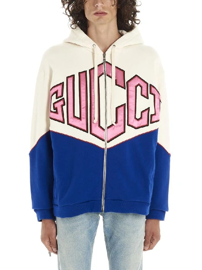 Shop Gucci Logo Print Colour Block Zipped Hoodie In Multi