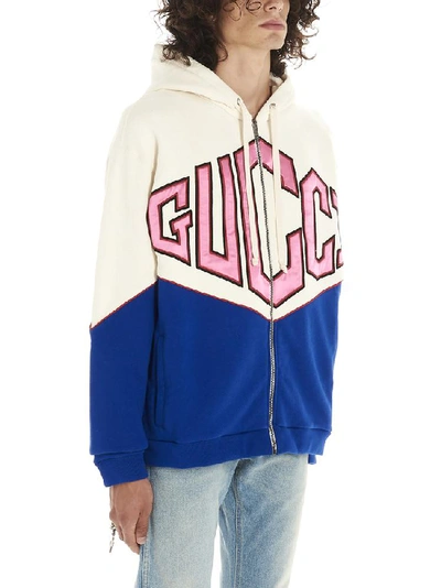 Shop Gucci Logo Print Colour Block Zipped Hoodie In Multi