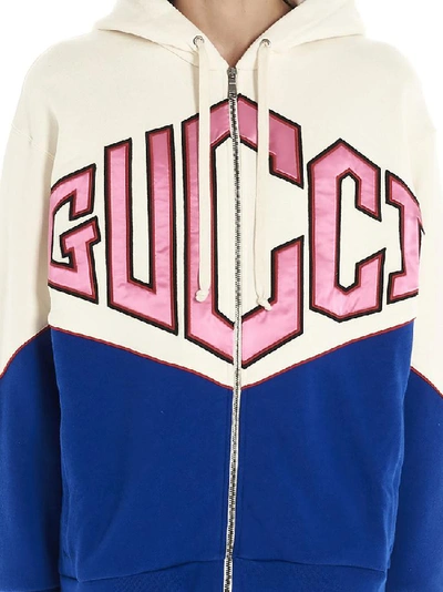 Shop Gucci Logo Print Colour Block Zipped Hoodie In Multi