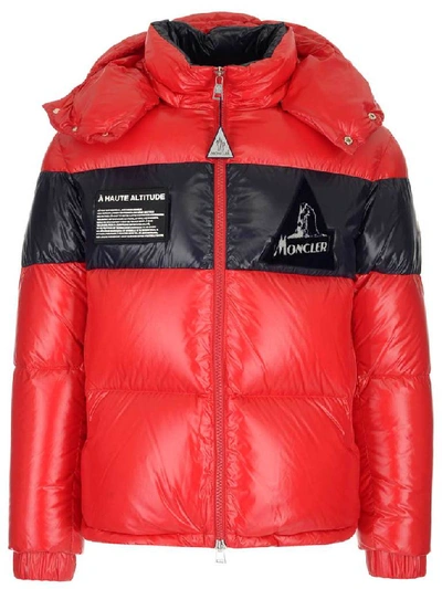 Shop Moncler Panelled Logo Patch Puffer Jacket In Red