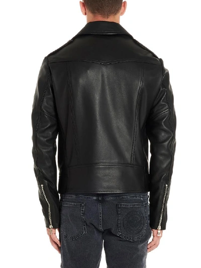 Shop Balmain Zipped Leather Biker Jacket In Black