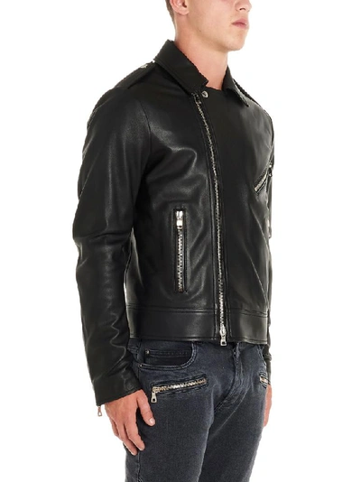 Shop Balmain Zipped Leather Biker Jacket In Black