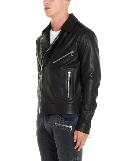 Shop Balmain Zipped Leather Biker Jacket In Black