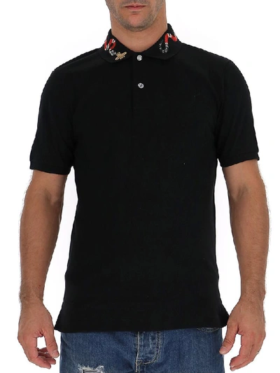 Shop Gucci Snake Collar Embroidered Polo Shirt In Black