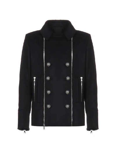 Shop Balmain Double Breasted Zipped Jacket In Black