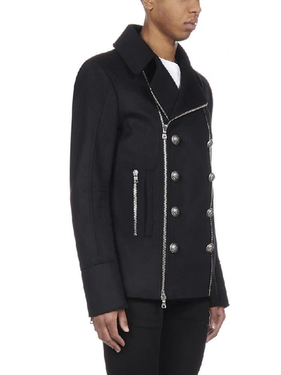 Shop Balmain Double Breasted Zipped Jacket In Black