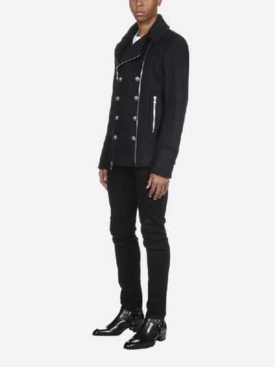 Shop Balmain Double Breasted Zipped Jacket In Black