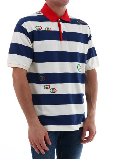 Shop Gucci Embroidered Striped Polo Shirt In White