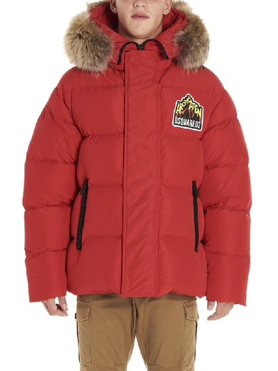 Dsquared2 Logo Patch Down Jacket W/ Fur Hood In Red | ModeSens
