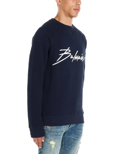 Shop Balmain Logo Print Crewneck Jumper In Navy