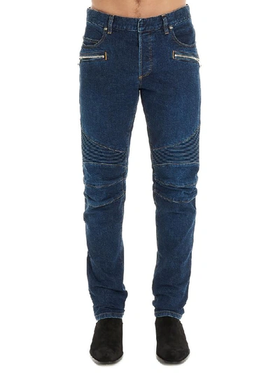 Shop Balmain Logo Embroidered Biker Jeans In Blue