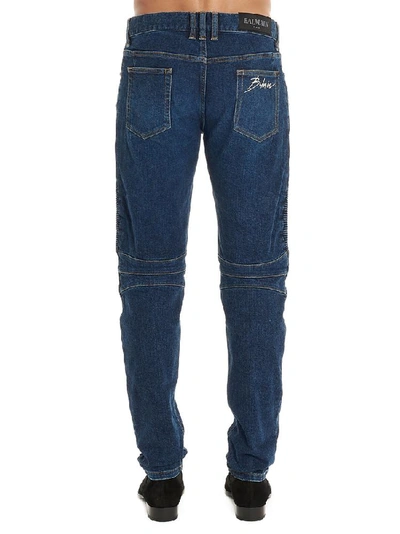 Shop Balmain Logo Embroidered Biker Jeans In Blue