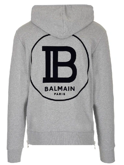 Shop Balmain Logo Print Hoodie In Grey