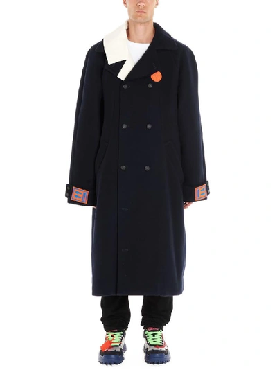 Shop Off-white Logo Patch Double Breasted Coat In Navy