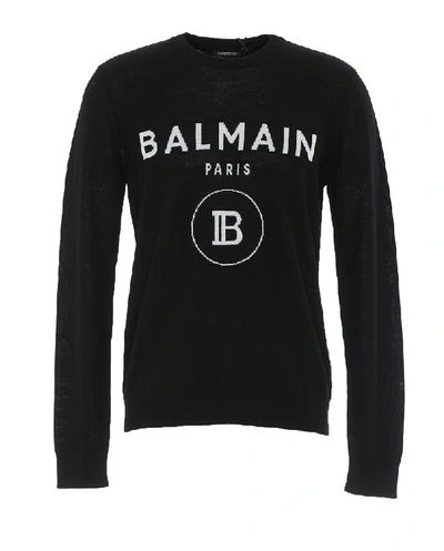 Shop Balmain Knitted Logo Crewneck Pullover In Black