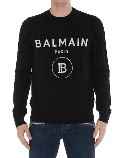 Shop Balmain Knitted Logo Crewneck Pullover In Black