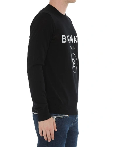 Shop Balmain Knitted Logo Crewneck Pullover In Black