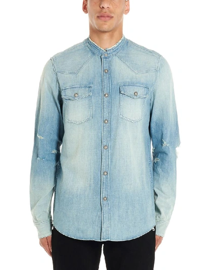 Shop Balmain Distressed Western Shirt In Blue