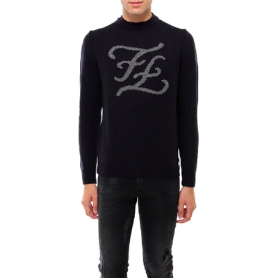 Shop Fendi Karligraphy Logo Crew Neck Sweater In Blue