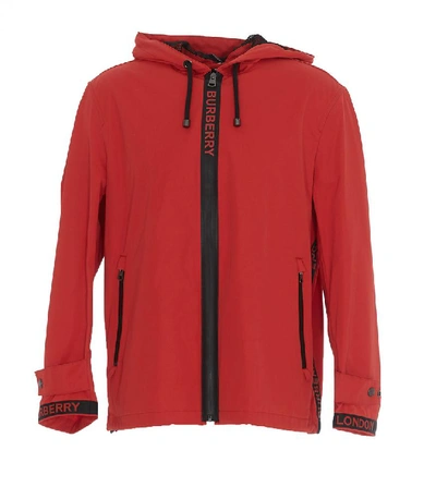 Shop Burberry Hooded Logo Detail Jacket In Red