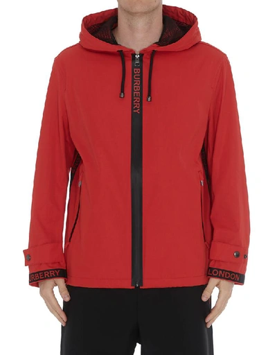 Shop Burberry Hooded Logo Detail Jacket In Red