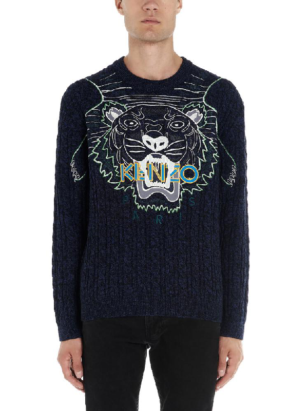 Kenzo Claw Tiger Woven Sweater In Blue Wool And Cotton In Navy | ModeSens