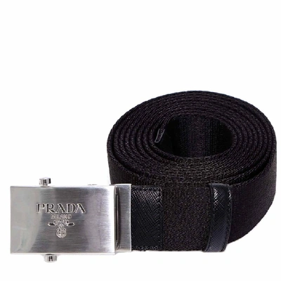 Shop Prada Logo Engraved Cam Buckle Webbed Belt In Black